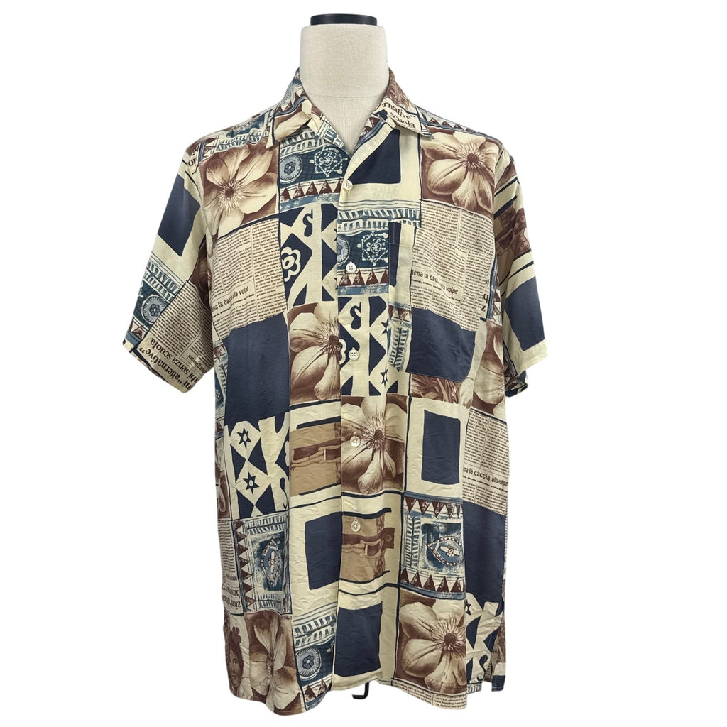 Vintage 80s Barry Bricken Navy Patchwork Rayon Shirt Men’s Medium 46 Chest
