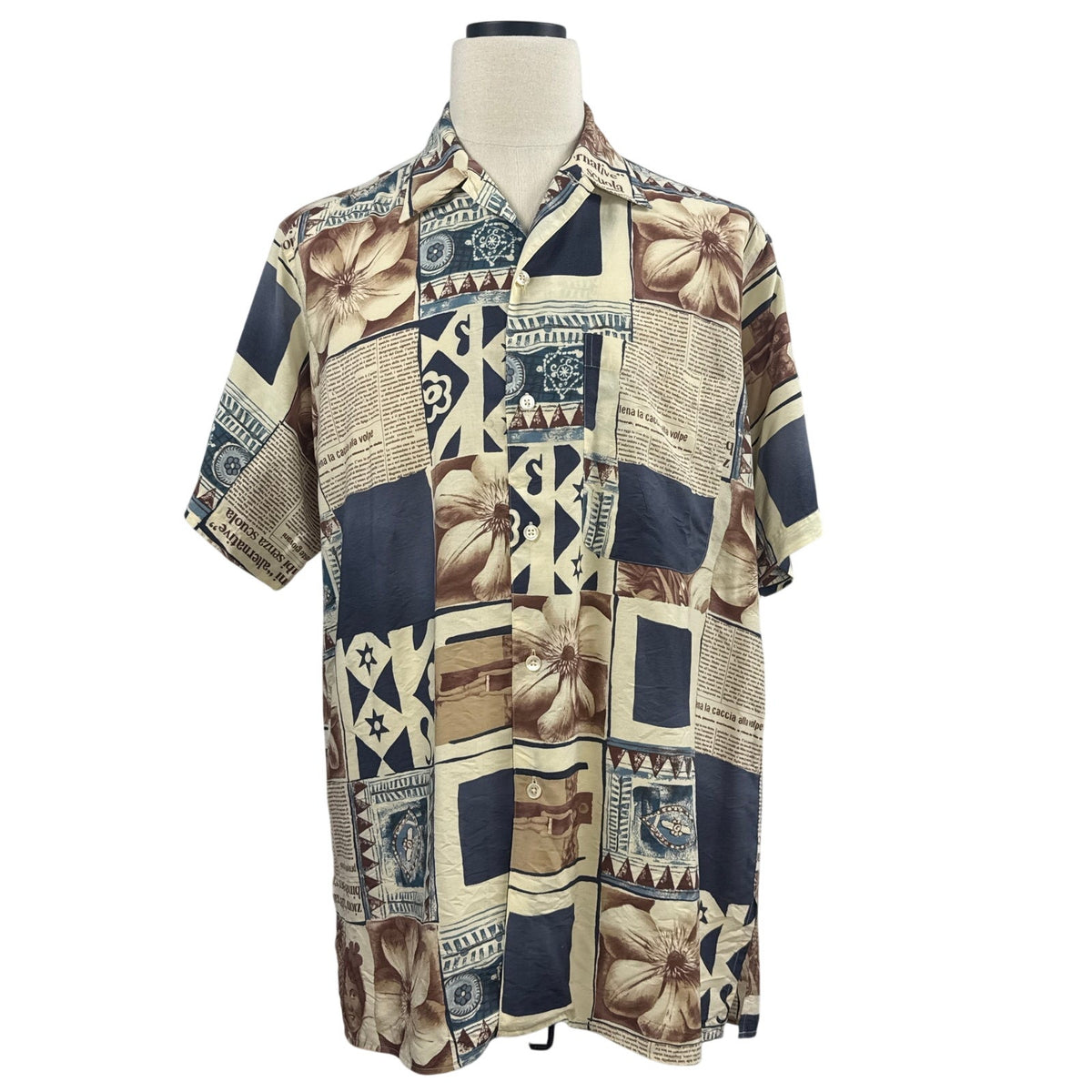 Vintage 80s Barry Bricken Navy Patchwork Rayon Shirt Men’s Medium 46 Chest