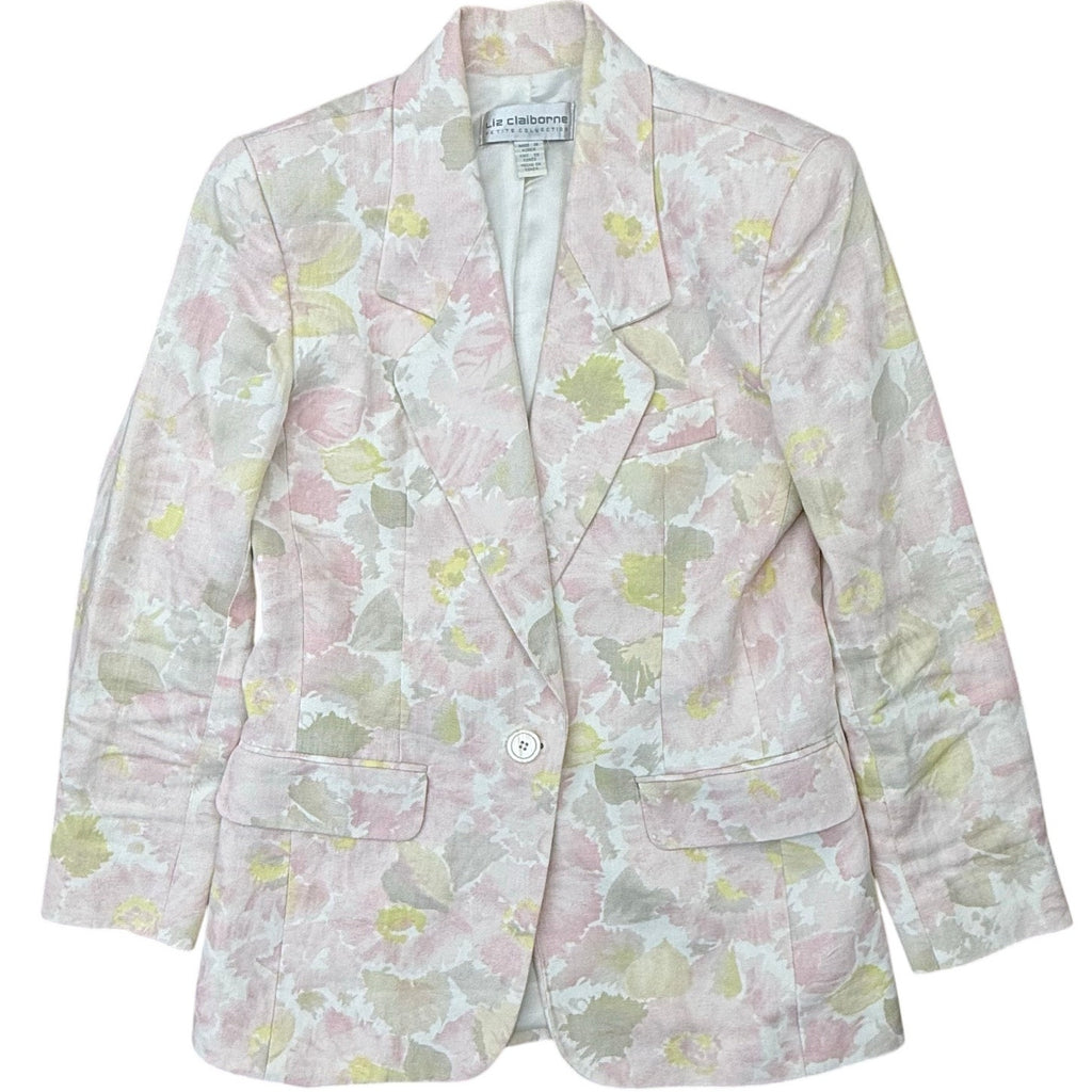 Vintage 90s Liz Claiborne Womens 4P Pink Floral Linen Blazer Shoulder Pads