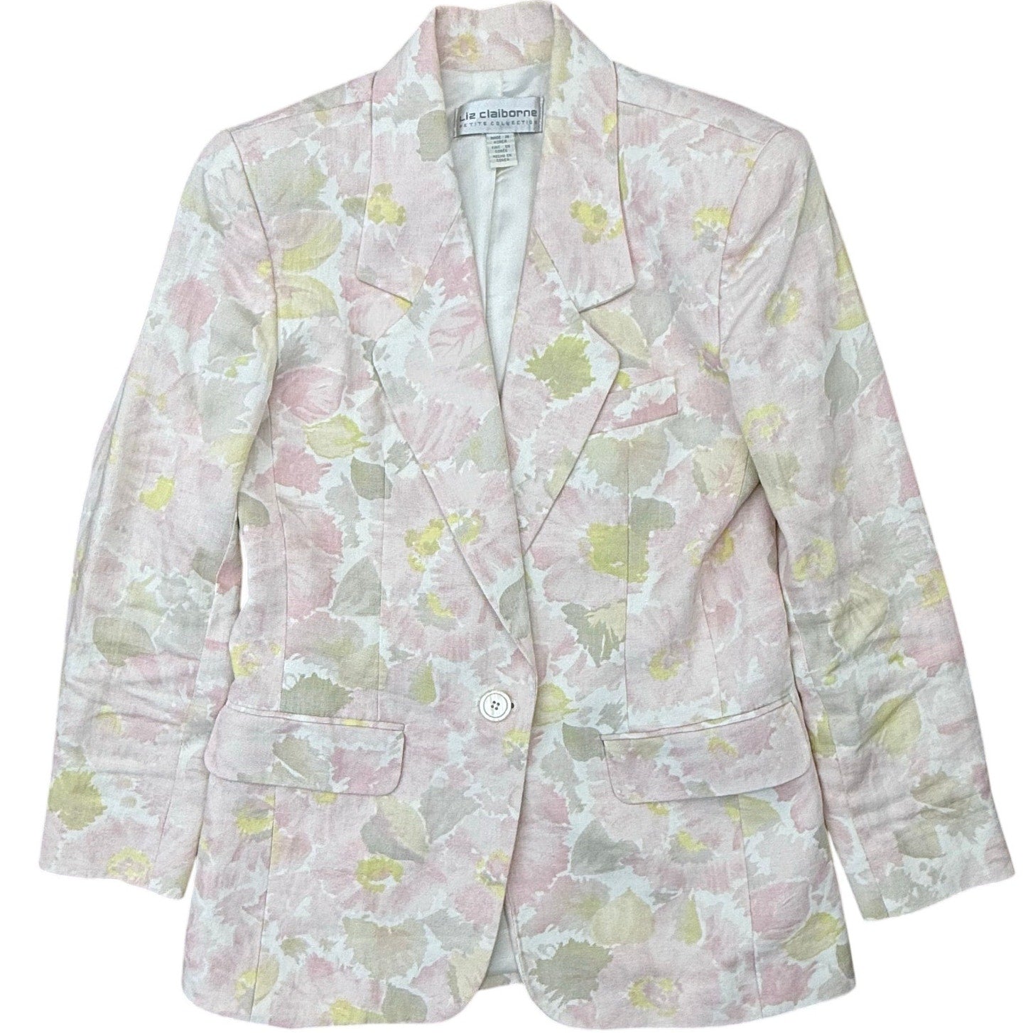 Vintage 90s Liz Claiborne Womens 4P Pink Floral Linen Blazer Shoulder Pads