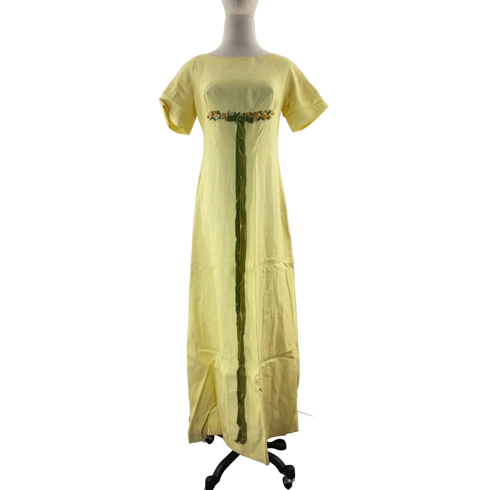 Vintage 60s Yellow Empire Waist Maxi Dress Floral Velvet Ribbon Women's XS