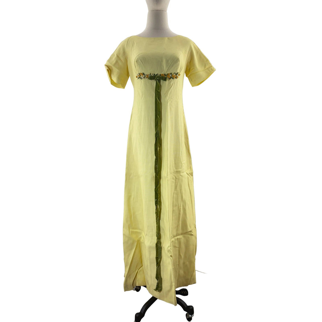 Vintage 60s Yellow Empire Waist Maxi Dress Floral Velvet Ribbon Women's XS