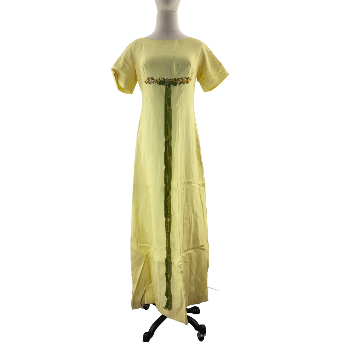 Vintage 60s Yellow Empire Waist Maxi Dress Floral Velvet Ribbon Women's XS