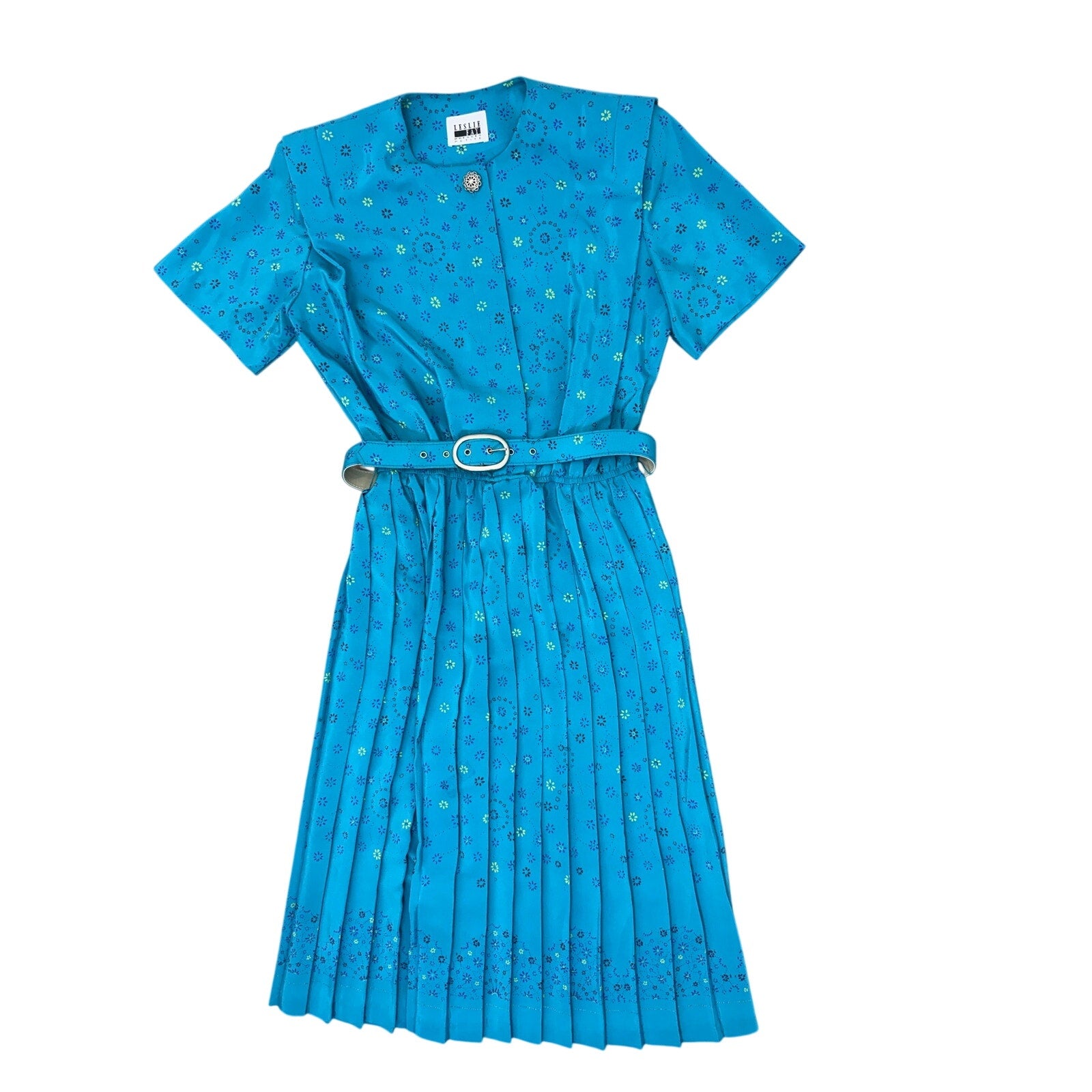 Vintage 80s Women's Small Leslie Fay Teal Floral Pleated Belted Dress