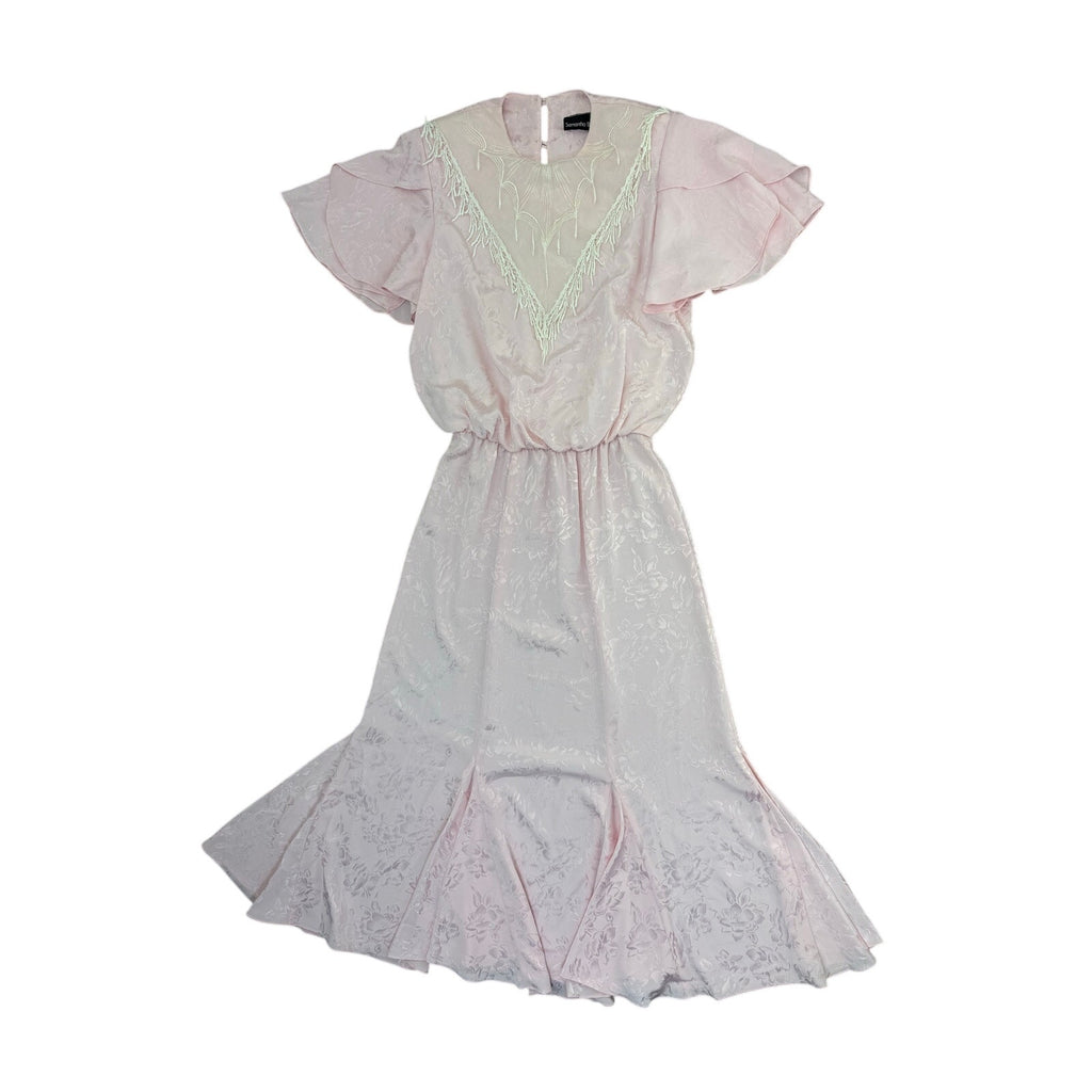 Vintage 80s Women's Medium Samantha Black Pink Fringe Lace Blouson Maxi Dress