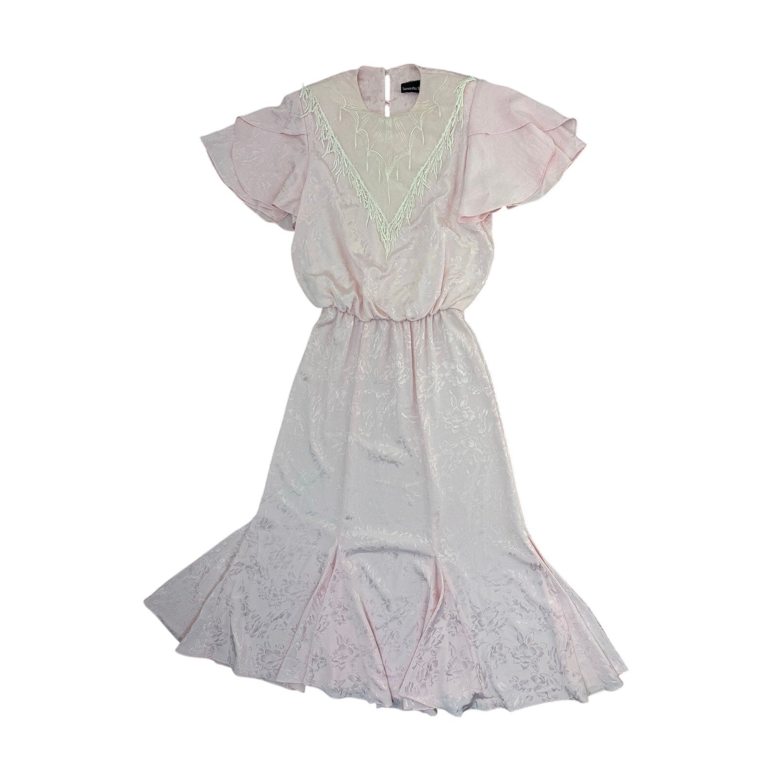 Vintage 80s Women's Medium Samantha Black Pink Fringe Lace Blouson Maxi Dress