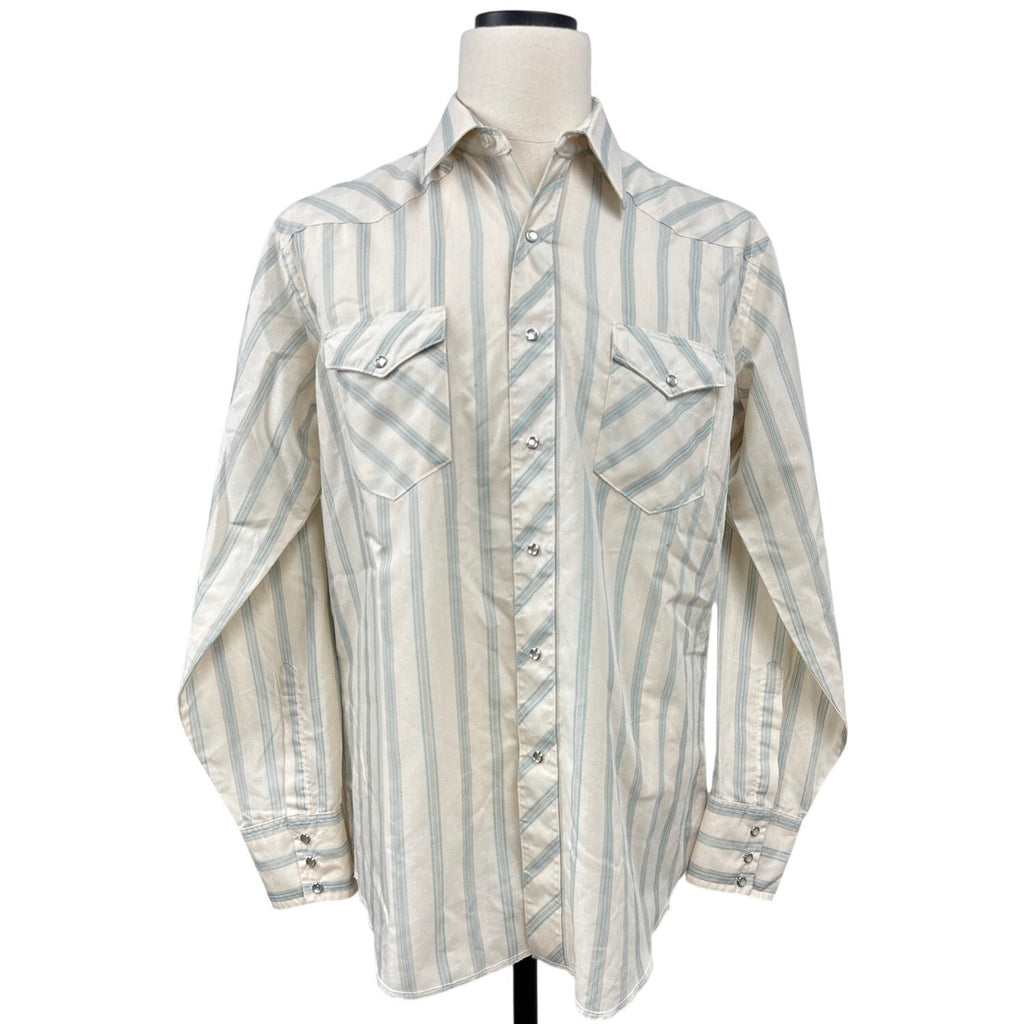 Vintage 80s Wrangler Striped Pearl Snap Western Shirt Men 17x35 USA