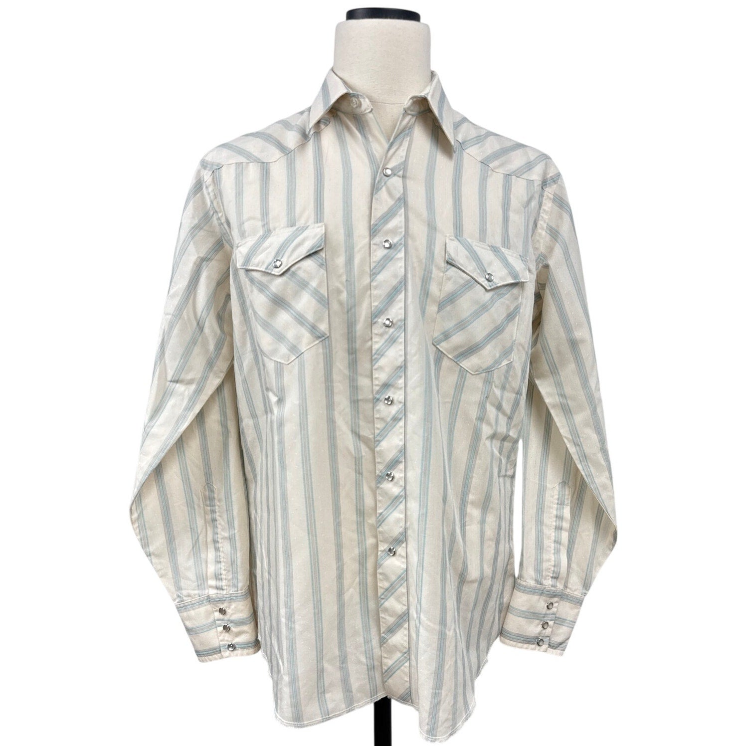 Vintage 80s Wrangler Striped Pearl Snap Western Shirt Men 17x35 USA
