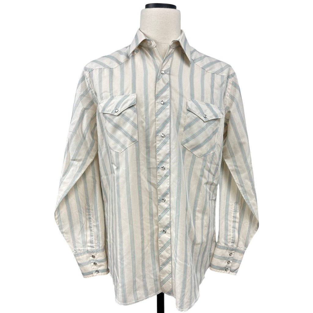 Vintage 80s Wrangler Striped Pearl Snap Western Shirt Men 17x35 USA