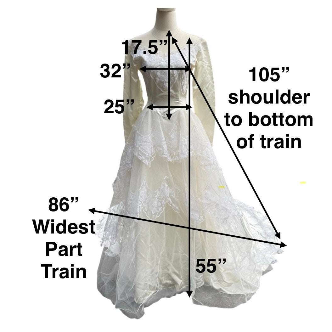 Vintage 50s Women's XS Wedding Dress Satin Lace and Chapel Train Sylvia Ann