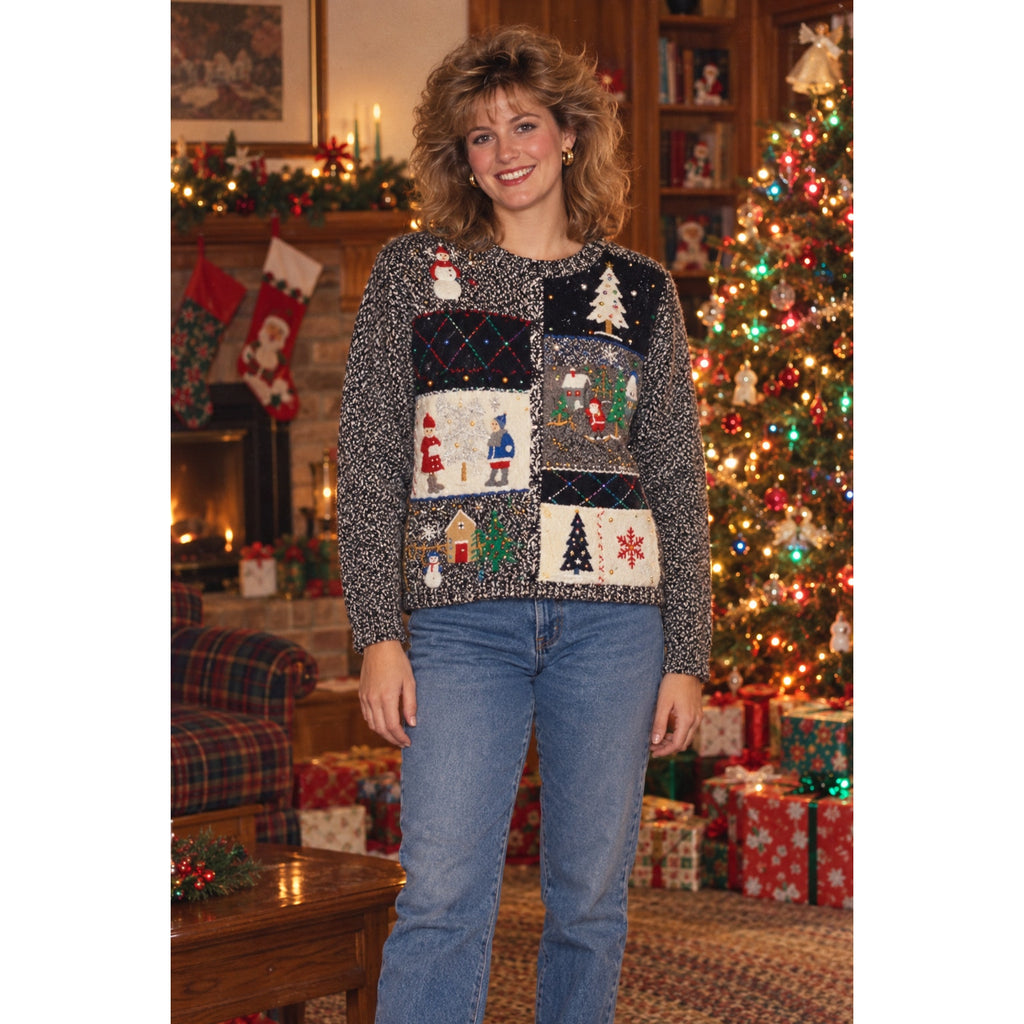 80s Style Erika Black White Beaded Christmas Patchwork Sweater Women's Large