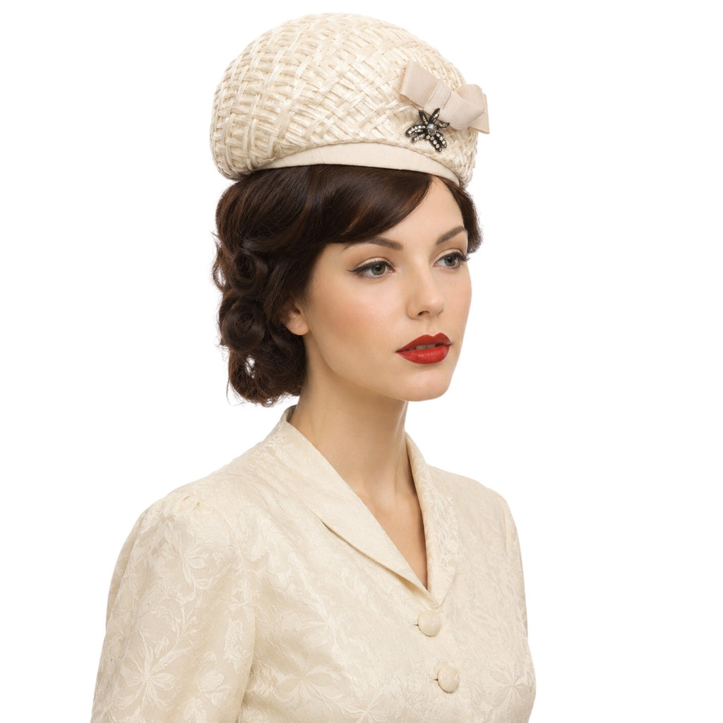 Vintage 1960s White Raffia Pillbox Hat Rhinestone Bow Union Label
