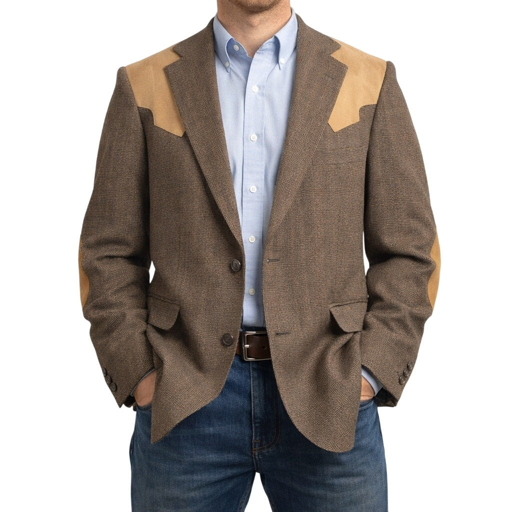 Vintage 90s Tweed Wool Blazer Men's 44R Mesquite Brown Suede Yoke Elbow Patches