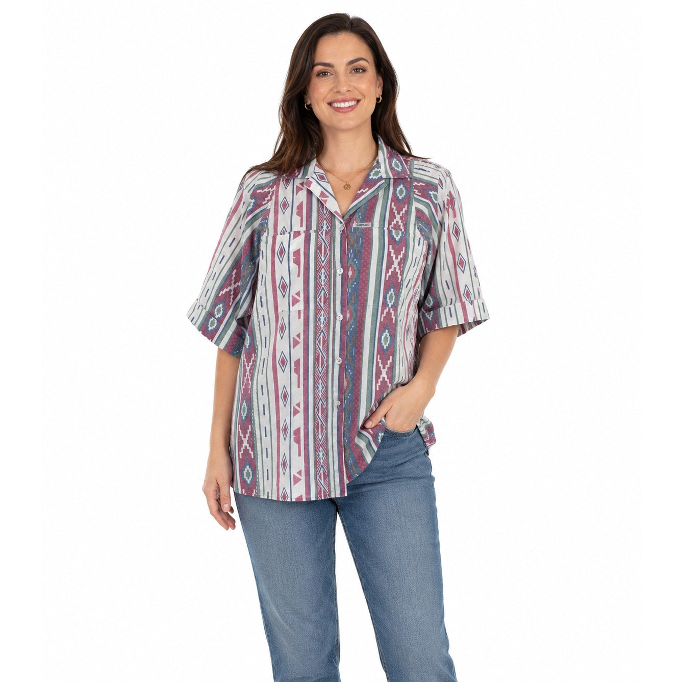 Vintage 90s Cabrais Geometric Tribal Cotton Button Front Blouse Women's Medium