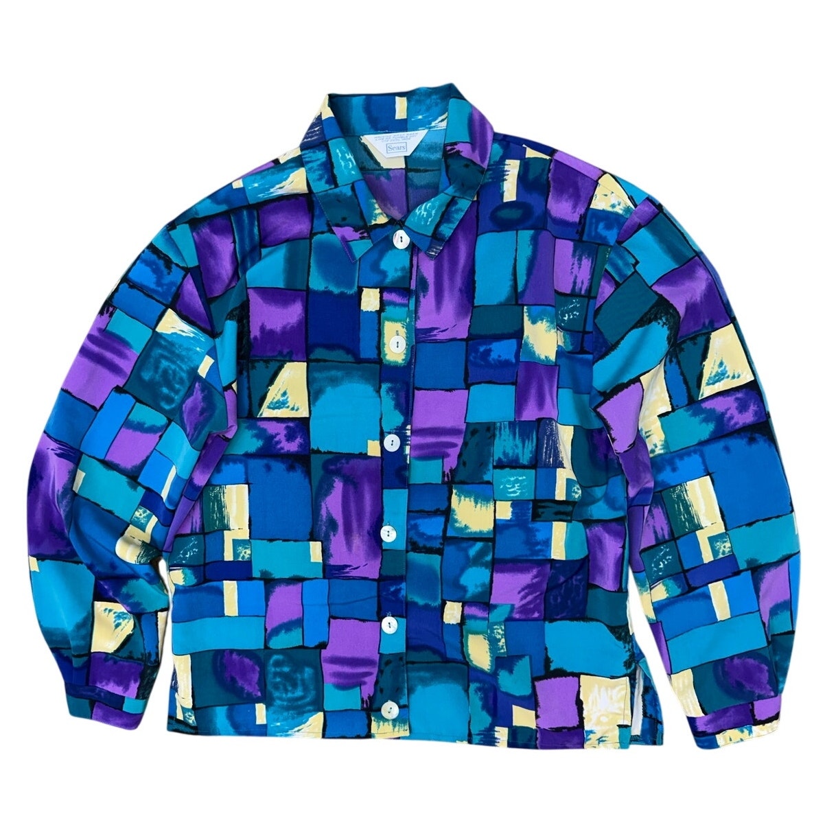 Vintage 80s Women's Medium Sears Geometric Blouse Purple Teal Button Front Shirt