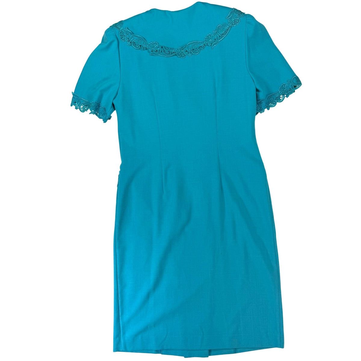 Vintage 80s Aqua Blue Midi Dress Women's 12 Lace Trim Double Breasted