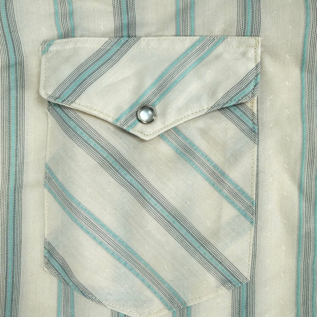 Vintage 80s Wrangler Striped Pearl Snap Western Shirt Men 17x35 USA