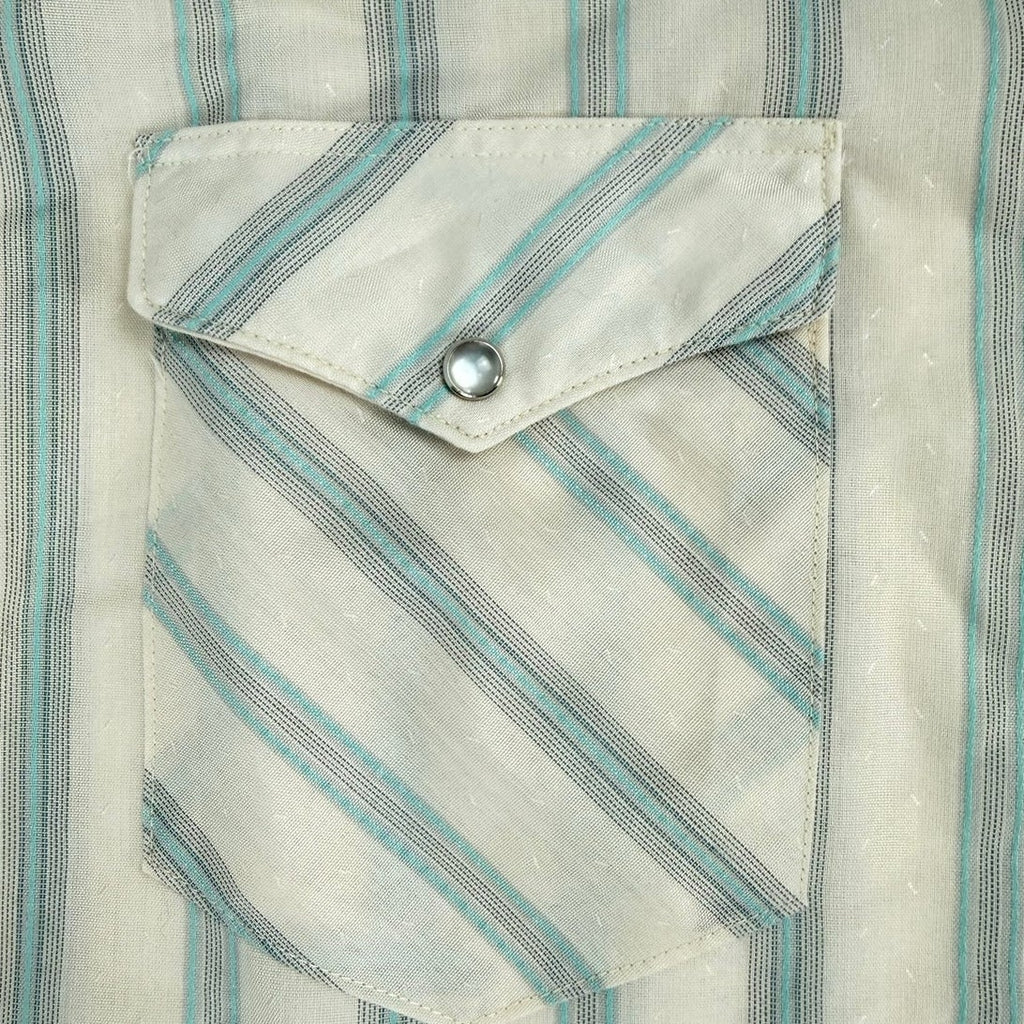 Vintage 80s Wrangler Striped Pearl Snap Western Shirt Men 17x35 USA