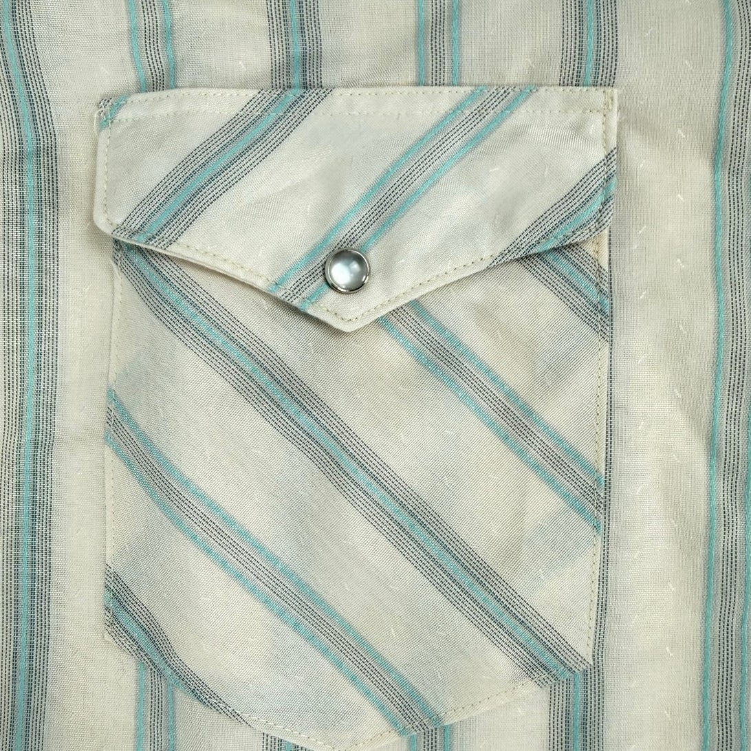 Vintage 80s Wrangler Striped Pearl Snap Western Shirt Men 17x35 USA