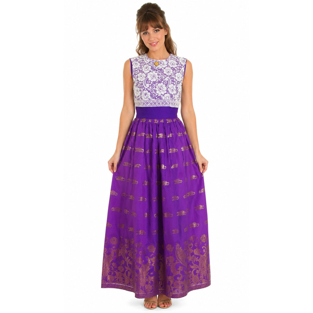 Vintage 60s Purple Lace Maxi Dress Gold Metallic Formal Home Sewn Small