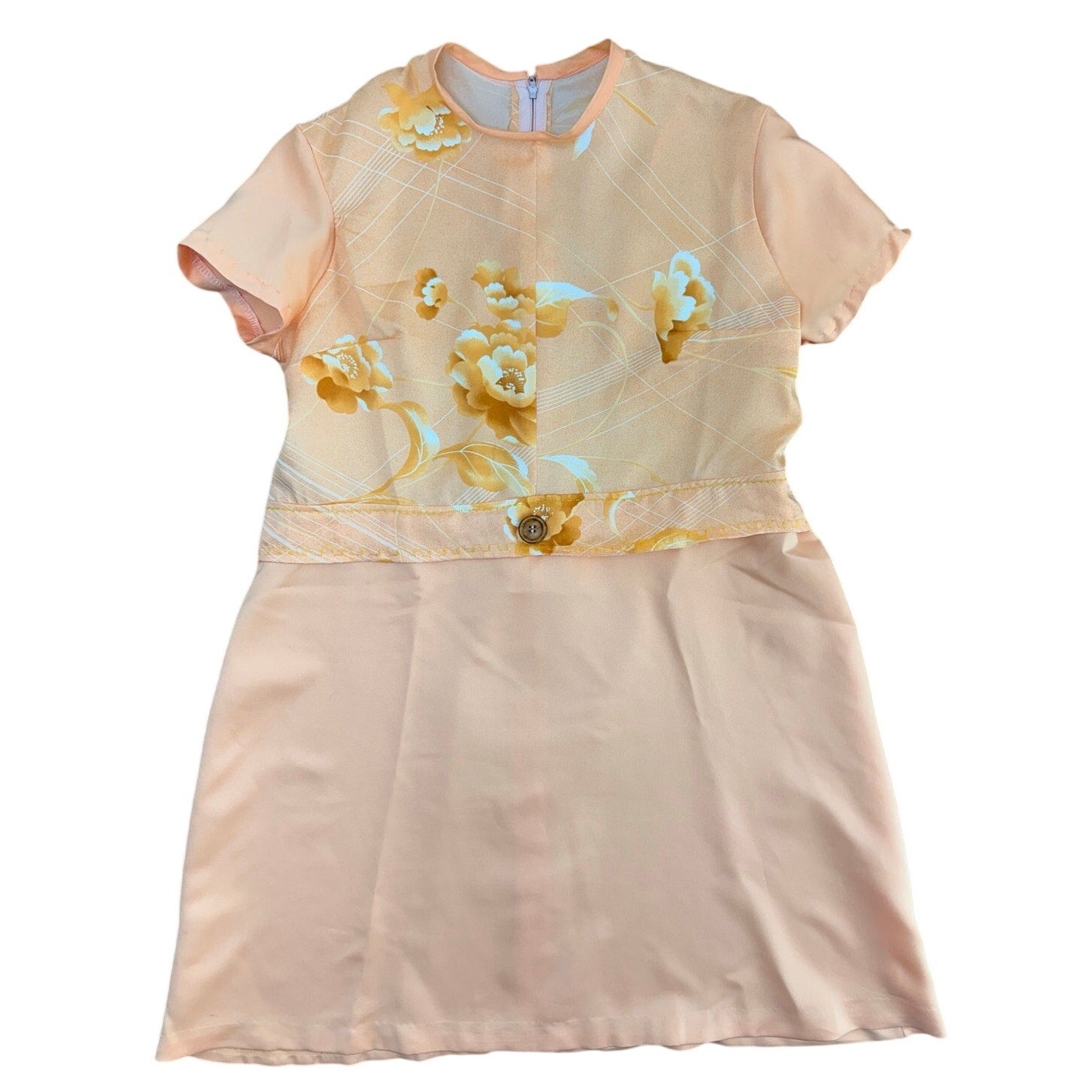 Vintage 70s Peach Floral Polyester Knit Mini Dress Women's Small Home Sewn