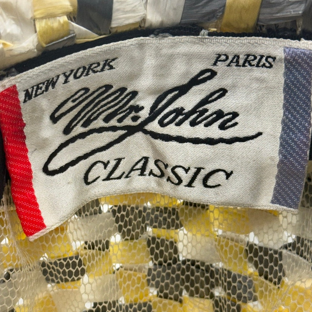 Vintage 1960s Mr John Classic Raffia Bucket Hat Yellow Gray White 7.5