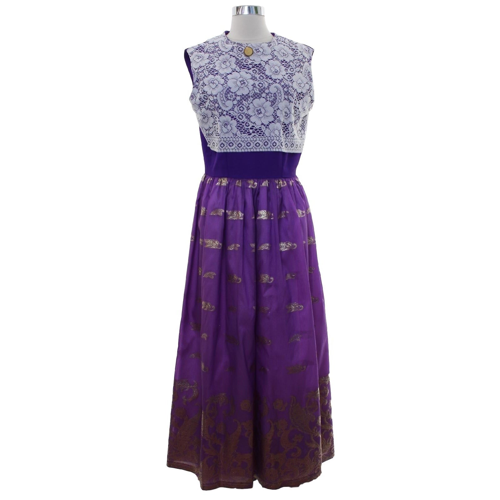 Vintage 60s Purple Lace Maxi Dress Gold Metallic Formal Home Sewn Small