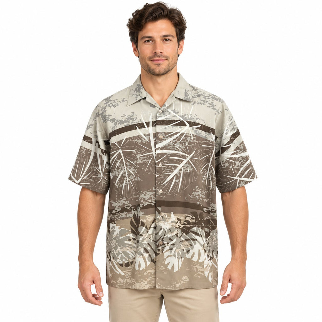Vintage 90s Koman Sport Taupe Foliage Hawaiian Shirt Men’s Large