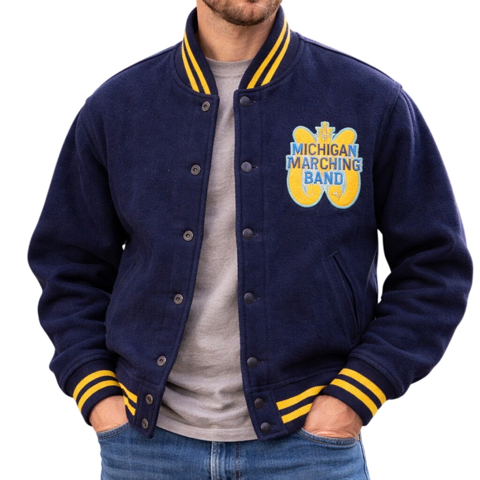 Vintage 60s Men’s M/L Michigan Marching Band Varsity Jacket Navy Wool Union