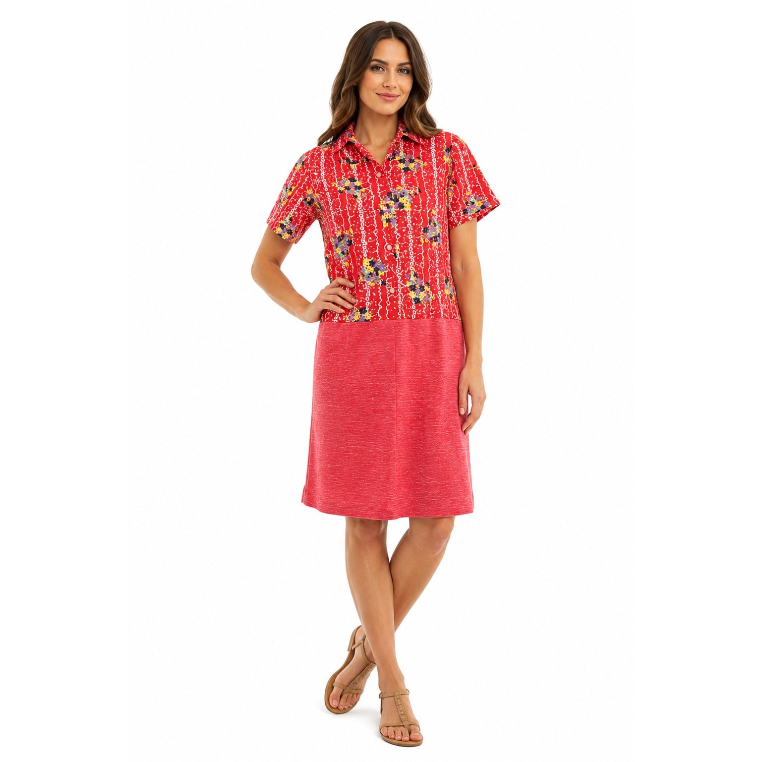 Vintage 70s Orange Red Floral Polyester Knit Drop Waist Shirt Dress Small/Medium