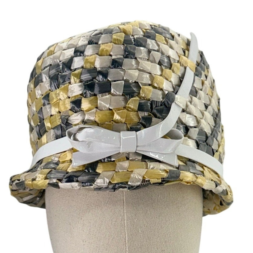 Vintage 1960s Mr John Classic Raffia Bucket Hat Yellow Gray White 7.5