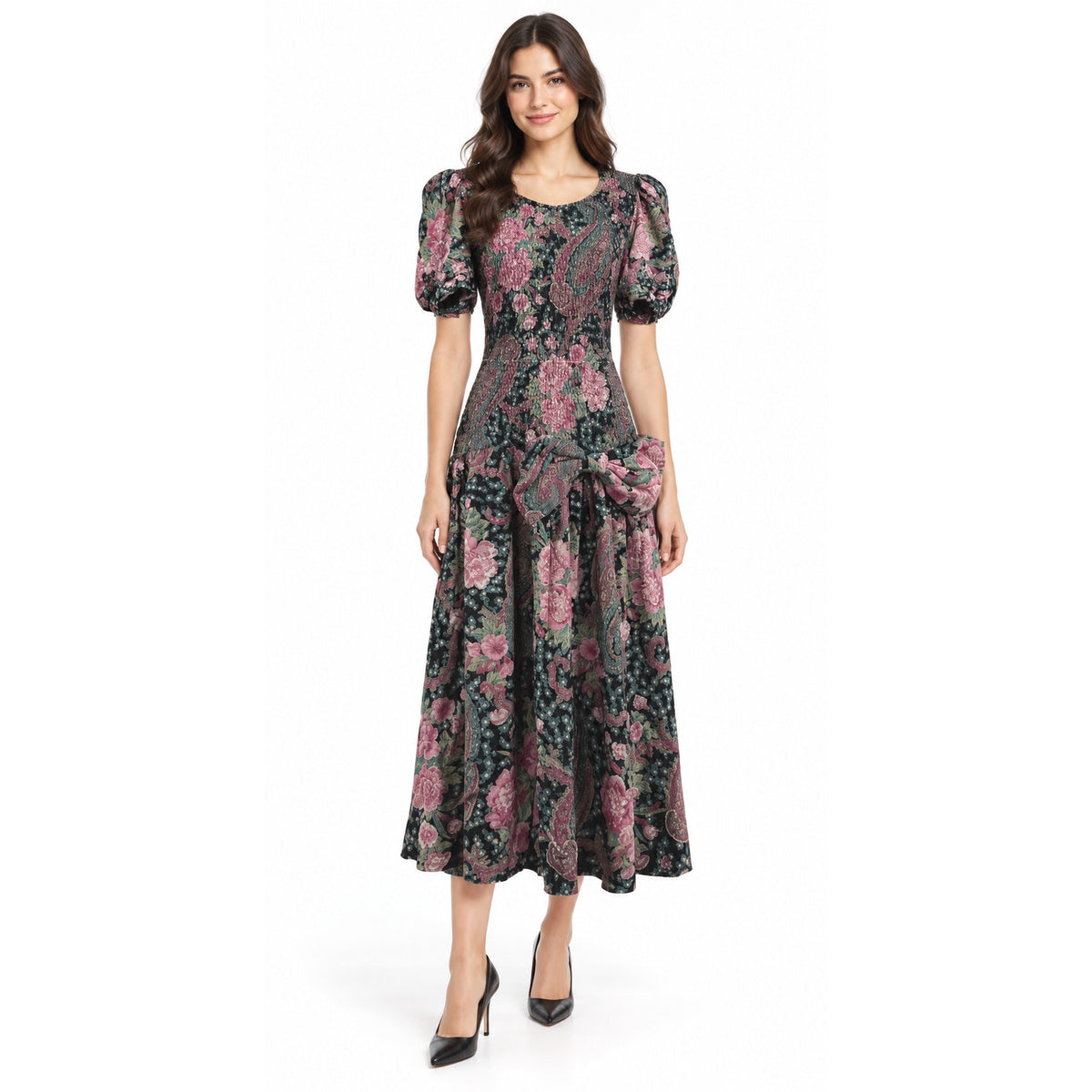 Vintage 80s ACT I New York Black Floral Drop Waist Midi Dress Women's 9/10