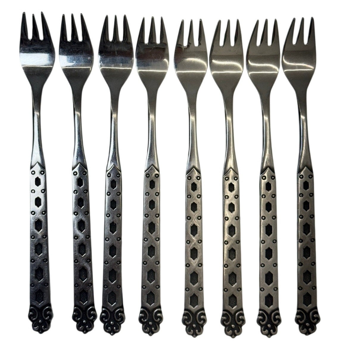 Vintage Northland Japan Stainless Appetizer Cocktail Forks Set of 8 Scroll