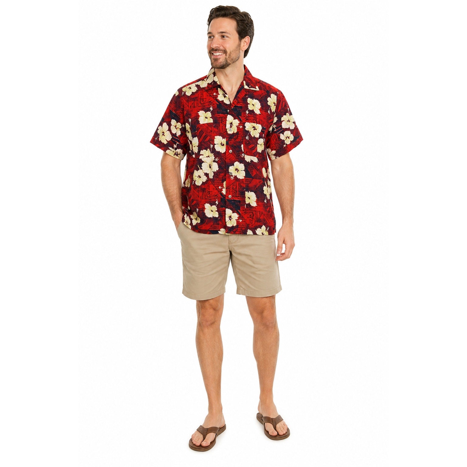 Vintage 80s Red Hawaiian Floral Camp Shirt Men's Cotton Button Front Large