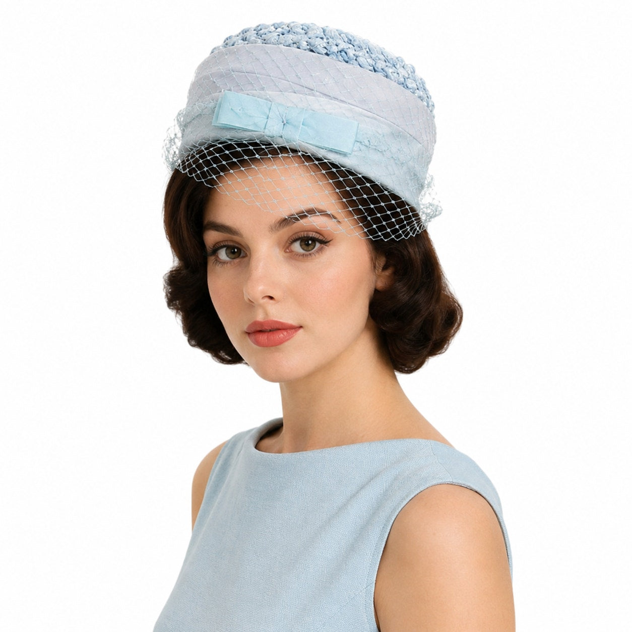 Vintage 1960s Ice Blue Pillbox Hat Veil Chiffon Bow Union Made Fascinator
