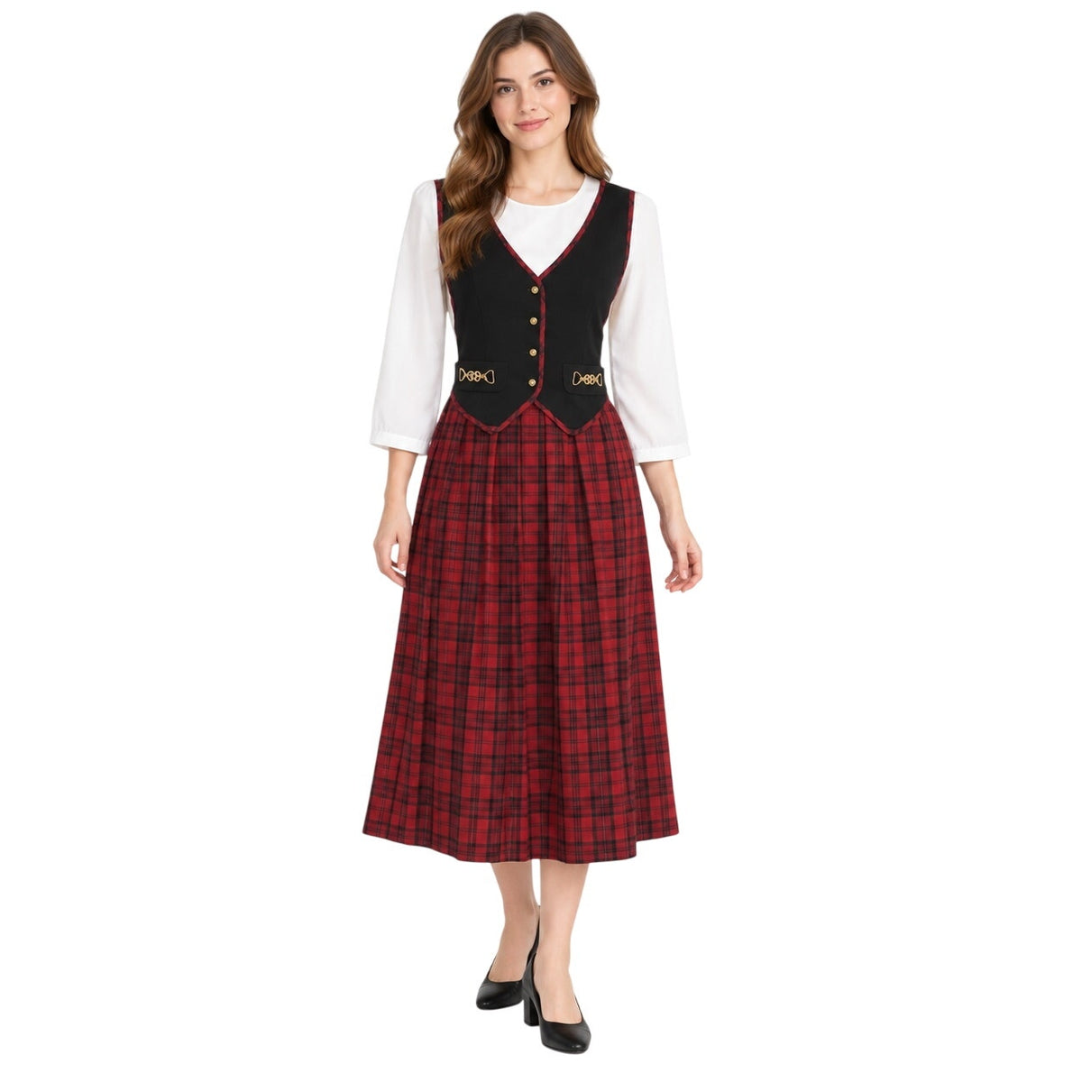 Vintage 80s Miss Dorby Plaid Faux Vest Pleated Midi Dress Women's Size 8