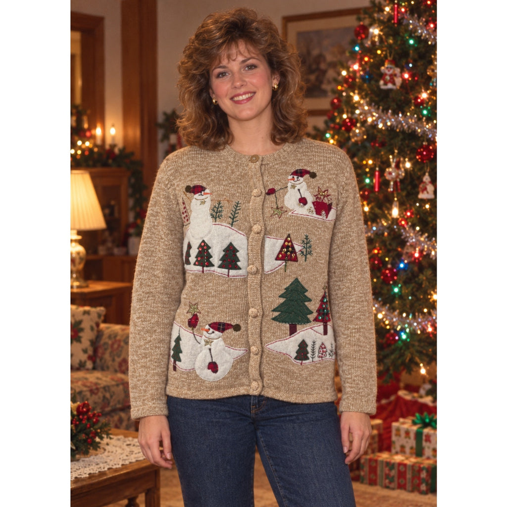 Vintage 80s Tiara International Tan Snowman Christmas Cardigan Women’s XL