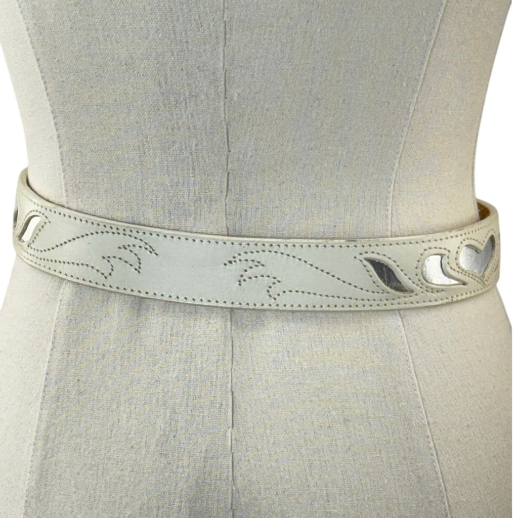 Vintage 80s White Leather Belt Heart Cutout Silver Buckle 24-27 Made in USA