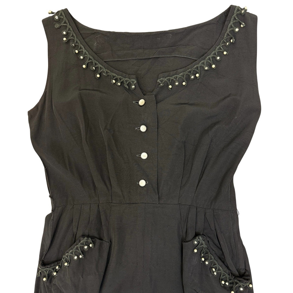 Vintage 1940s Black Rayon Beaded Rhinestone Midi Dress Women's S