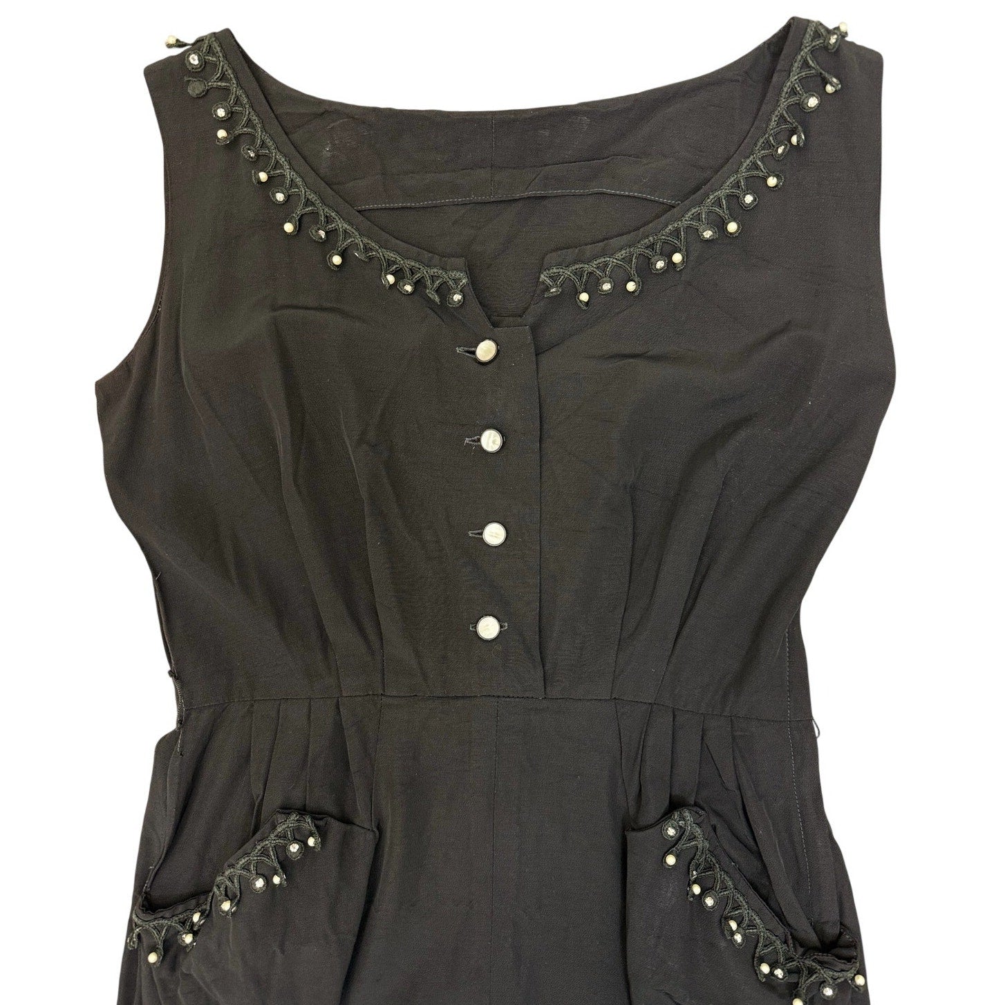 Vintage 1940s Black Rayon Beaded Rhinestone Midi Dress Women's S