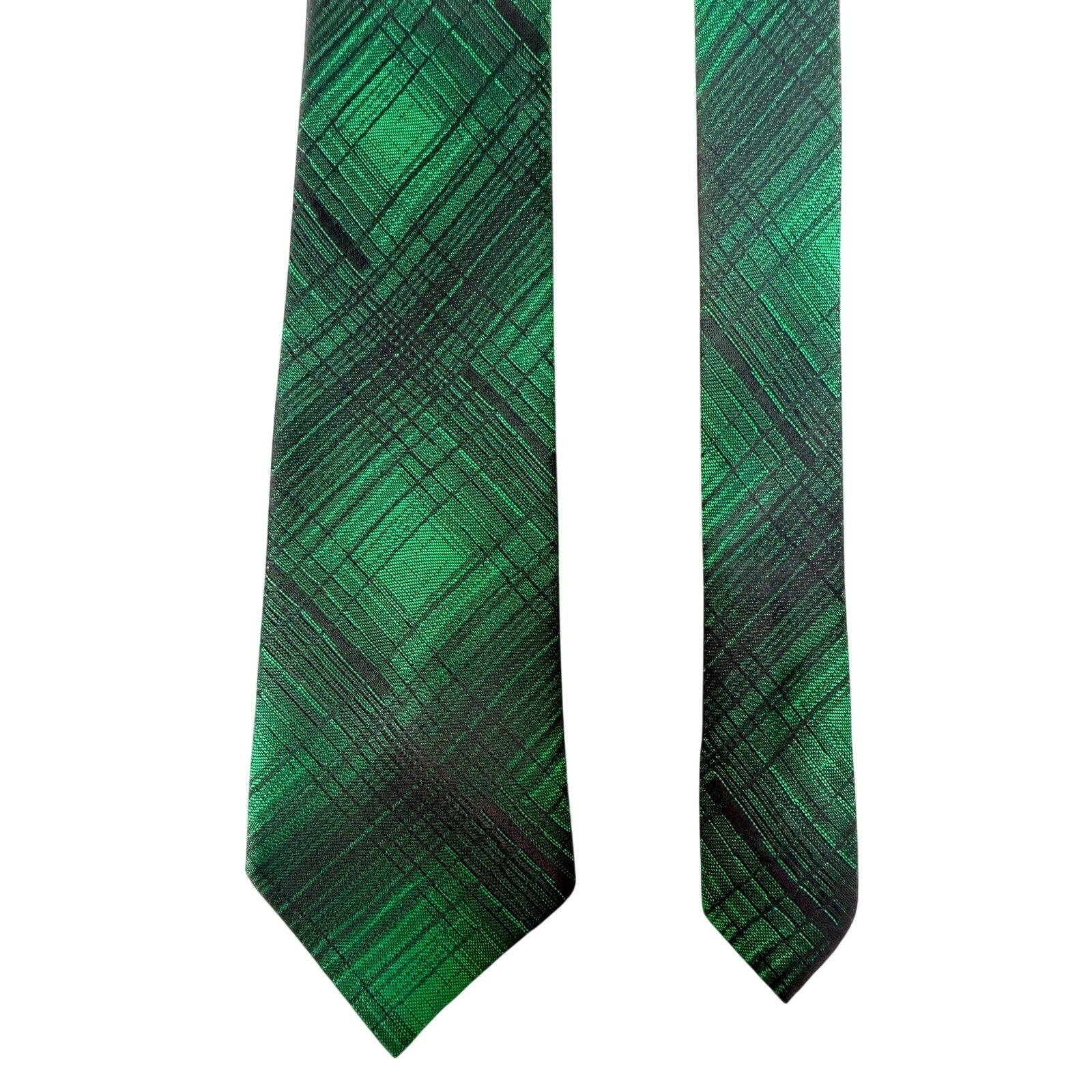Vintage 1960s Green Geometric Polyester Skinny Necktie French Tip 2.5"