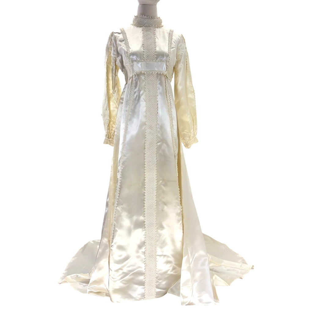 Vintage 1970s Union Made Satin Wedding Dress w/ Train Lace Trim Women's Small