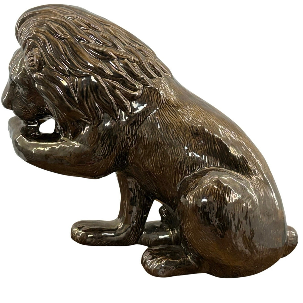 Vintage 90s Lion Sculpture Bronze Brown Glazed Pottery Statue 12"