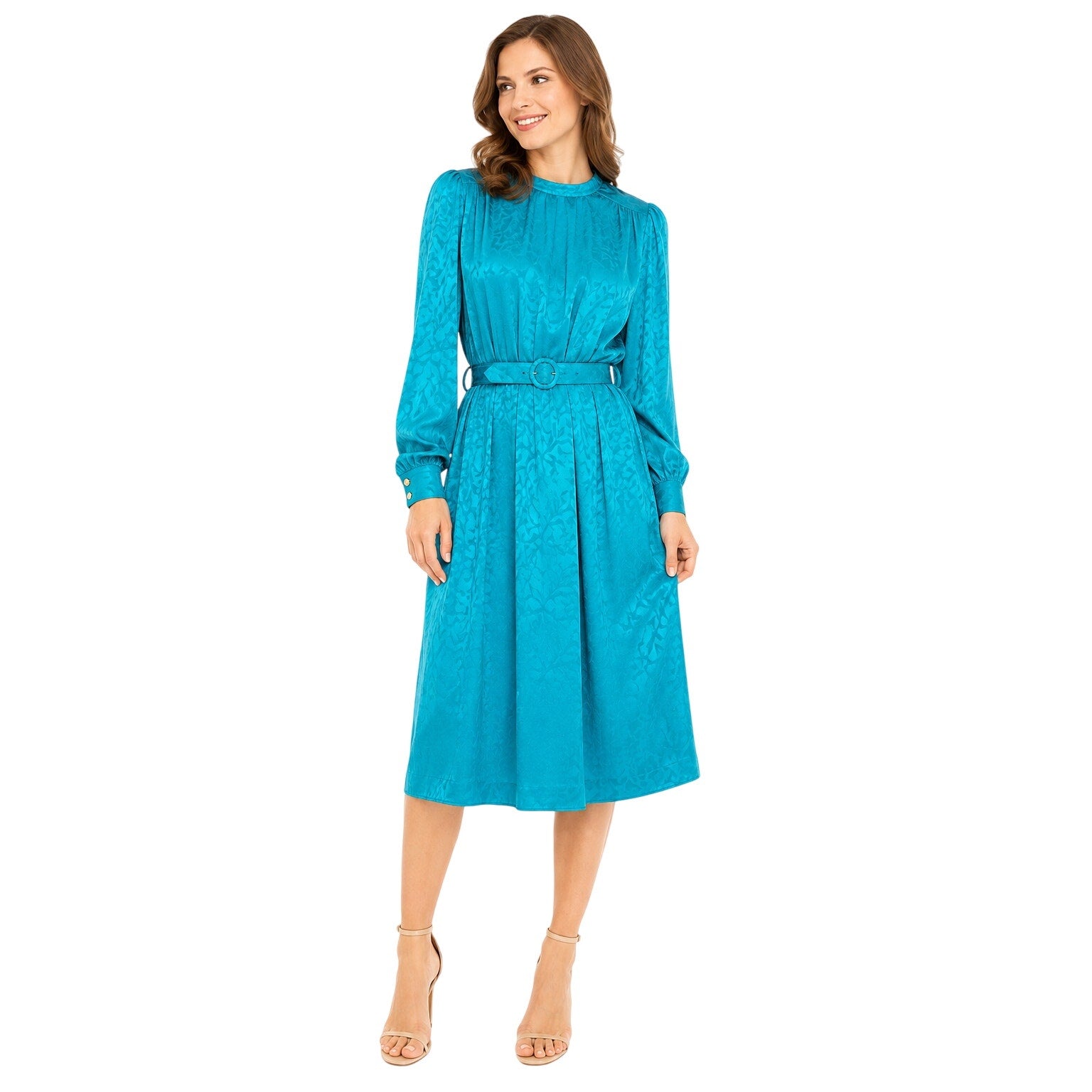 Vintage 70s Helga Turquoise Embossed Leaf Belted Midi Dress Women's Medium