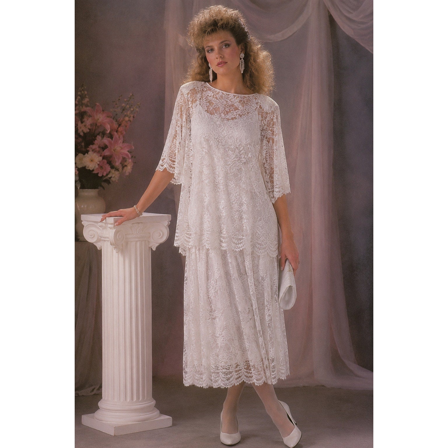 Vintage 1980s White Lace Beaded Fringe Overlay Dress Women's Small