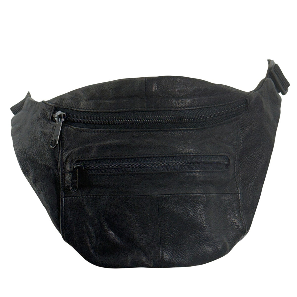 Vintage 90s Black Genuine Leather Fanny Pack Waist Belt Bag 2 Zip Pockets