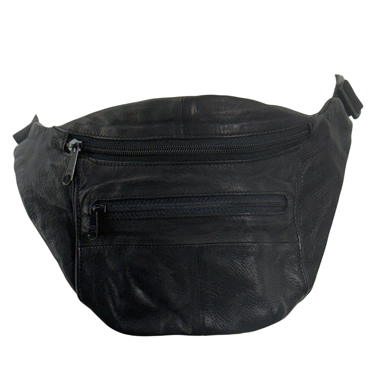 Vintage 90s Black Genuine Leather Fanny Pack Waist Belt Bag 2 Zip Pockets