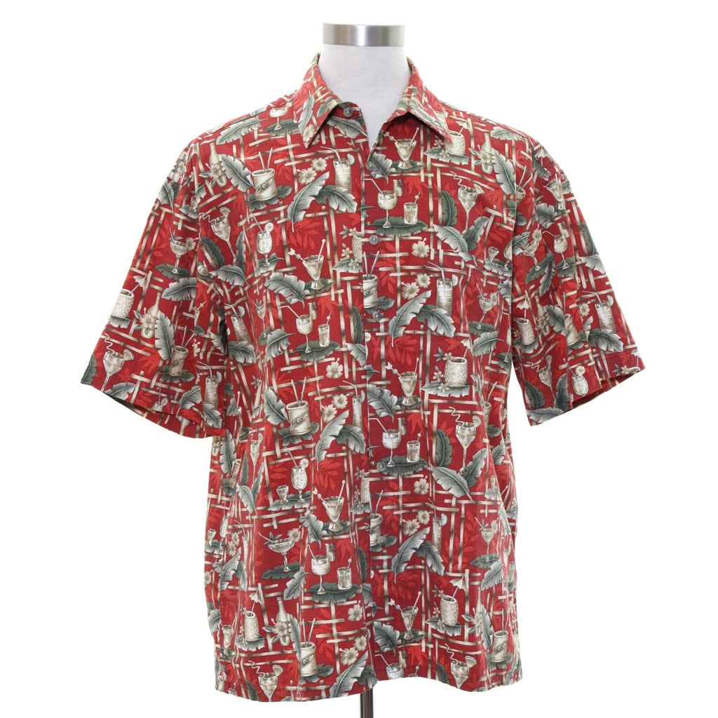 Vintage 90s Campia Men's Large Red Cocktail Print Hawaiian Aloha Shirt Cotton