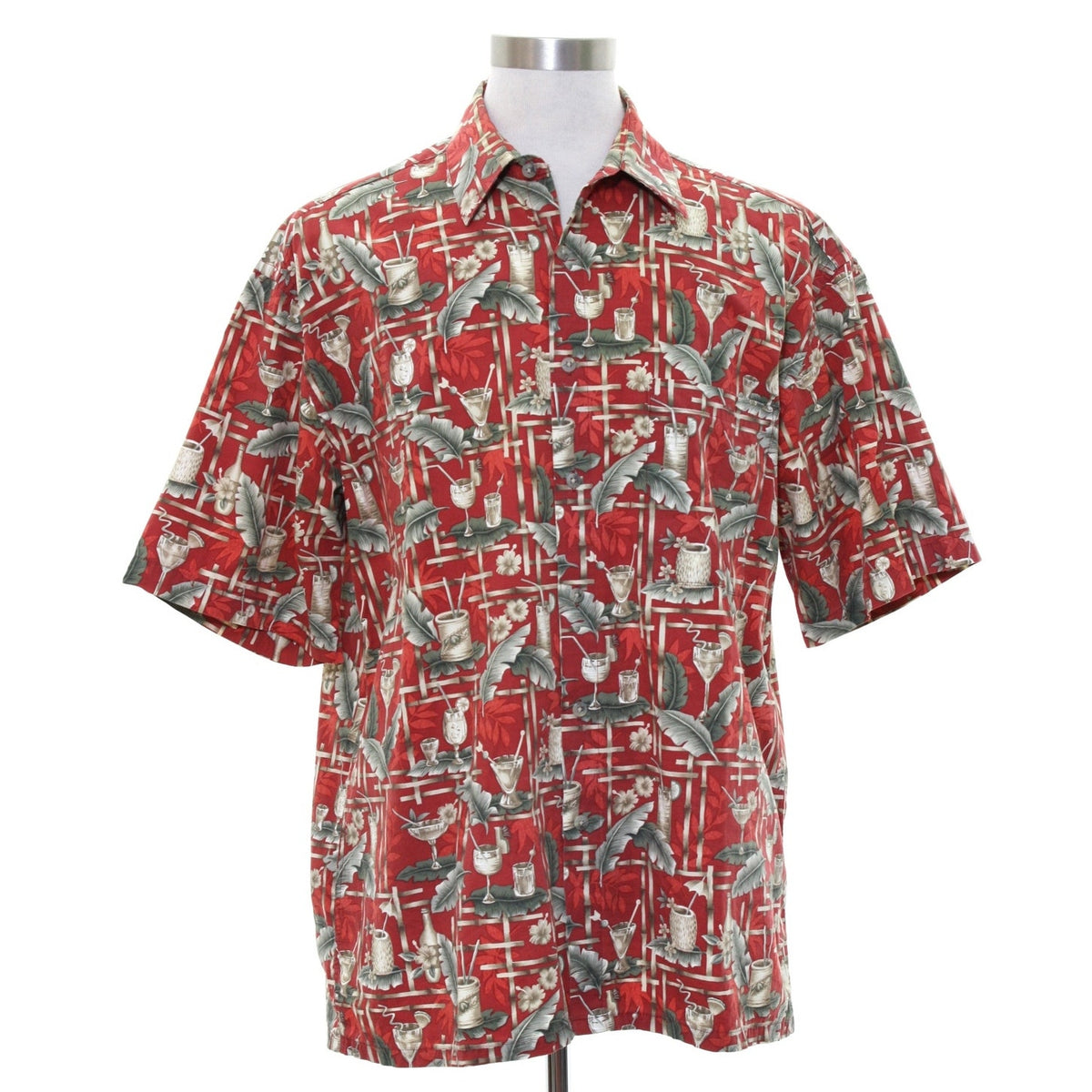 Vintage 90s Campia Men's Large Red Cocktail Print Hawaiian Aloha Shirt Cotton