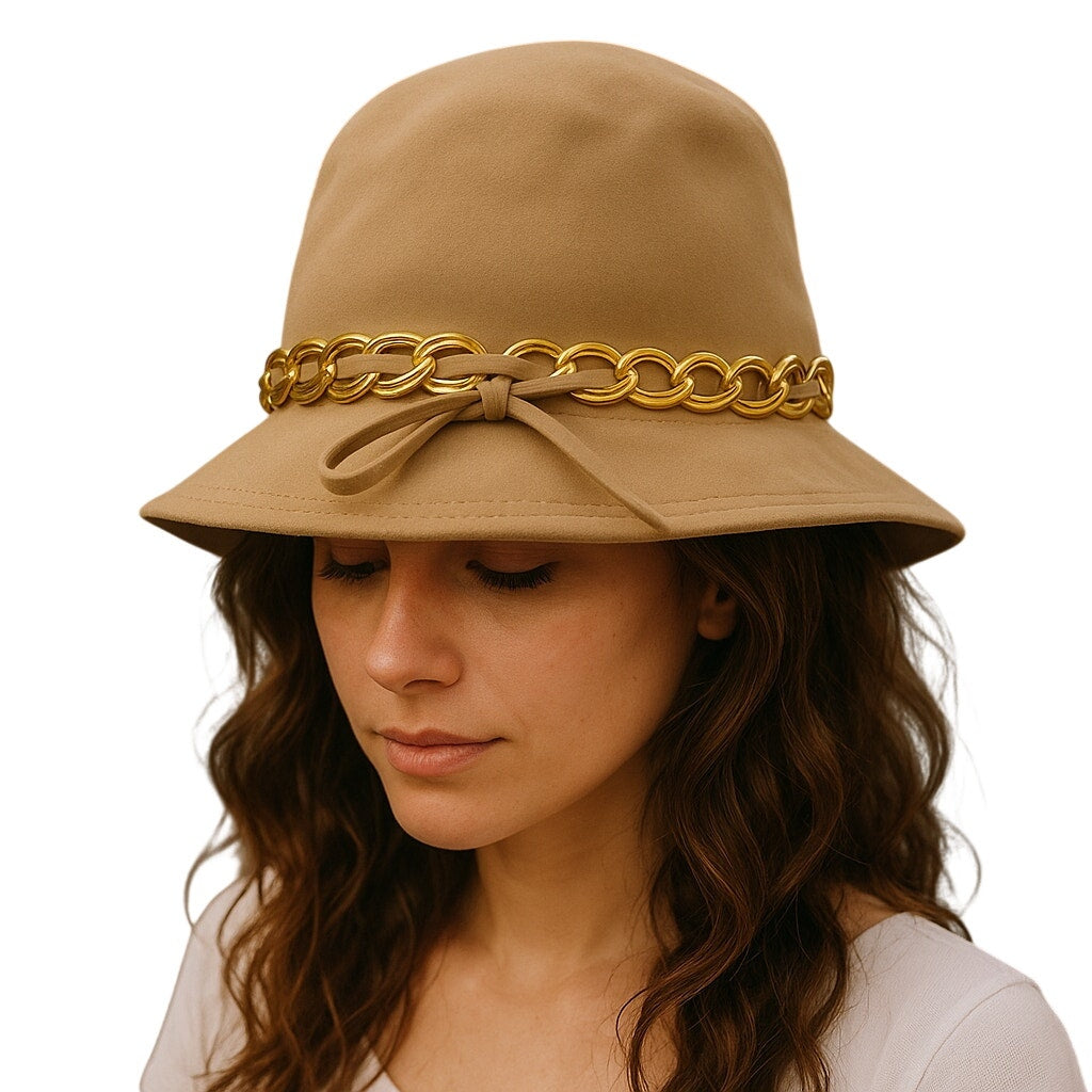 Vintage 1960s Miss Eileen Tan Wool Cloche Bucket Hat Gold Chain Trim